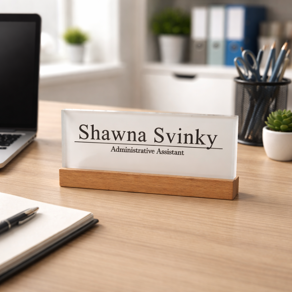 10 MM PLEKSİ İSİMLİK + AHŞAP ALTLIK